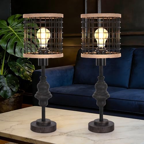 2 Pack Black Industrial Metal Mesh Table Lamp, 20" Tall Farmhouse Bedside Lamp with Burlap Trim, 5ft Brown Cord Rotary Switch, E26 Bakelite Socket for Bedroom Living Room