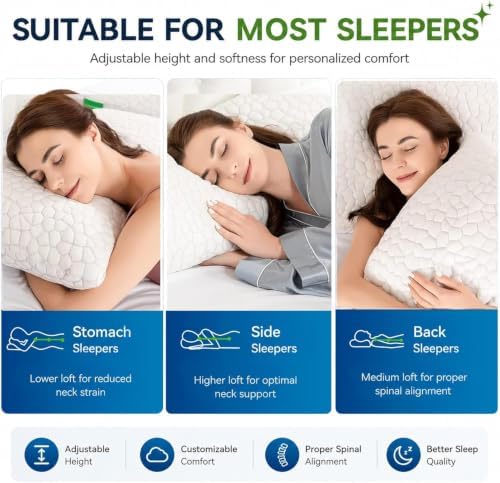 SUPA MODERN Cooling Pillow Standard Size 1 Pack, CertiPUR-US Shredded Memory Foam Pillows, Cool Bed Pillows for Hot Sleepers, Adjustable Firm Pillow for Side,Back,Stomach Sleepers, Better Sleep