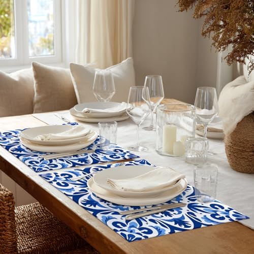Shrahala Blue White Set of 8 12 X 18 Inch Linen Placemats, Delicate Floral Burlap Table Mat Washable Double Layered Heat Insulation for Indoor/Outdoor
