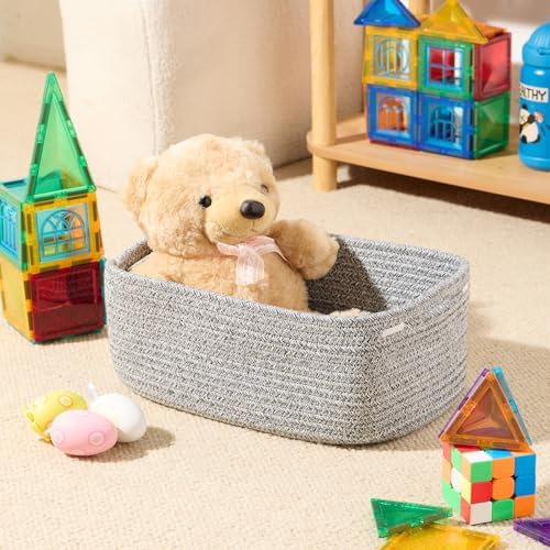 MiniArk Small Storage Baskets for Organizing | Closet Organizer Bins | Shelf Toy Basket | Woven Rope Baskets | Cube Decorative Box | Shallow Basket | 13x8.5x5.1” | 4 Packs Mixed Grey