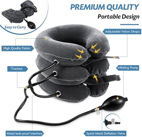 Neck Stretcher, Cervical Traction Device, Neck Traction Device, Neck Pain Relief, Adjustable Inflatable Neck Brace & Neck Stretcher, Neck Decompression Home Use (Dark Gray)