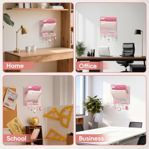 Wall File Holder Hanging Wall File Organizer, Wall Mount Mail Holder and Paper Organizer with Bottom Shelf & 5 Hooks for Office Home School (3-Tier Pink)
