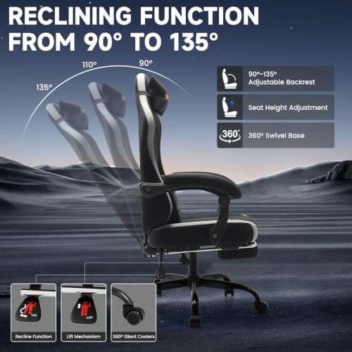 SUKIDA Computer Gaming Chair - Fabric Video Game Chairs with Footrest and Lumbar Support Swivel Comfy Linkage Armrests Gamer Chairs Home Desk Chair for Adults, Black&Grey