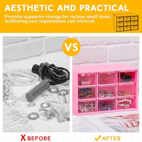 Wenqik 2 Pcs Mini Storage Drawers with 9 Clear Drawers, Rose Red