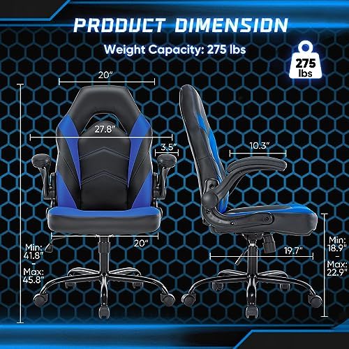 NEWBULIG Computer Gaming Desk Chair - Big Tall Ergonomic Lumbar Support with Flip-up Armrest and 360° Swivel Wheels, PU Leather Height Adjustable, for Home and Office, Blue