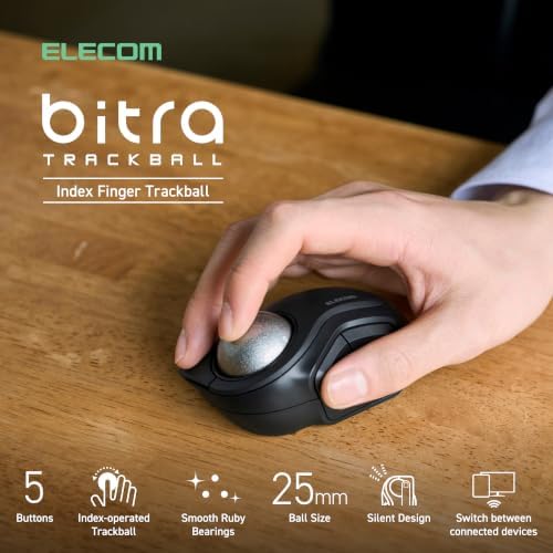ELECOM BITRA Wireless Trackball Mouse, Bluetooth and USB 2.4GHz Switch, Silent Click, Compact Index Finger Design, 34mm Wide-Range Ball, for Windows Mac Chromebook Android iPad iPhone