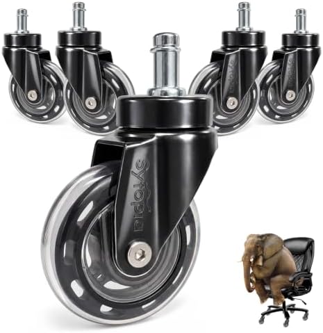 Office Chair Wheels Replacement 3 Inch, Heavy Duty PU Caster Wheels for Hardwood Floor & Carpet, Smooth Quiet Rolling, Hair-Proof, Universal 11mm Stem Fit Most Chairs, Not for 1KEA, Set of 5 (Clear)