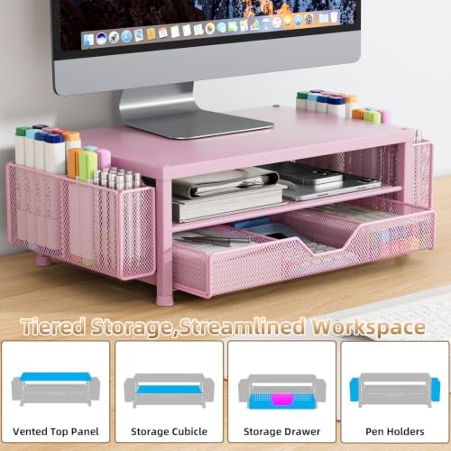 Monitor Stand Riser with Mesh Drawer and 2 Side Pen Holders, Pink Metal Top