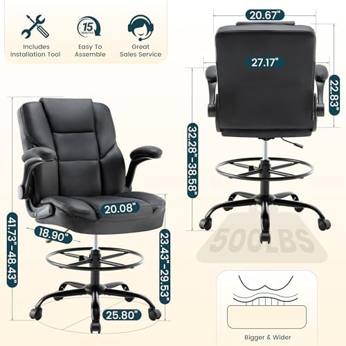 Drafting Chair 500Lbs, Tall Office Chair for Standing Desk, High PU Leather Executive Office Chair with Flip-up Armrests, Ergonomic High Chair with Adjustable Foot Ring, Comfy Stool Chairs, Black