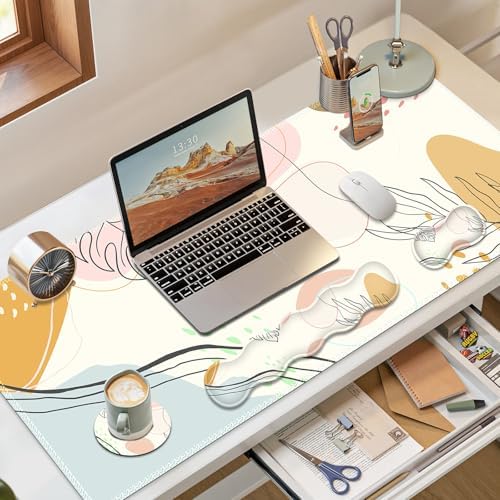 Gaming Mouse Pad Keyboard Wrist Support, 4 in1 Mousepad with Wrist Keyboard Rest, Computer Desk Mat, Non-Slip Desk Pad Protector with Memory Foam Easy Typing Pain Relief I Tree Leaf Boho Style