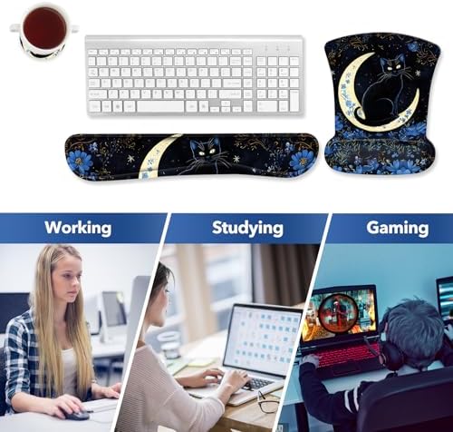 AIMSA Mouse Pad with Wrist Rest Set, Black Cat Wrist Support Mouse Pad Set, Ergonomic Mousepad with Anti-Slip Base, Memory Foam Keyboard Wrist Rest Cushion Pad