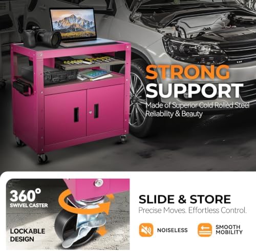 Auto Dynasty Rolling AV Cart, Height Adjustable with Lock Storage, Purple