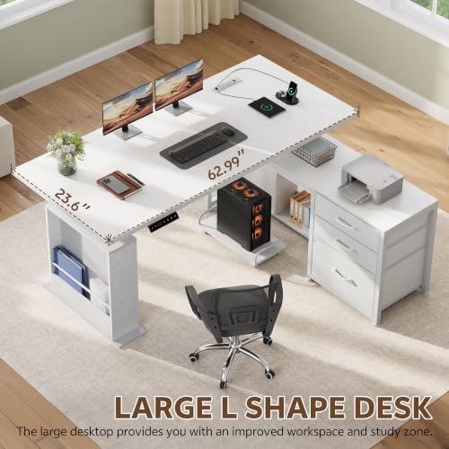 63'' L Shaped Desk with 3 Drawers Electric Standing Desks White