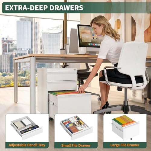 3 Drawer White File Cabinet with Lock, Rolling Under Desk Cabinet