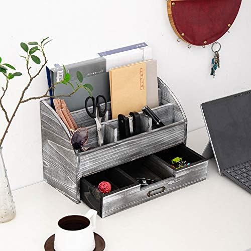canwedance Distressed Rustic Wooden Office Desk Organizer 5 Compartment with 2 Drawer &Counter Desk Tabletop Desktop Mail Rack, Pens, Notebooks, Folders, Pencils and Office Supplies (grey)