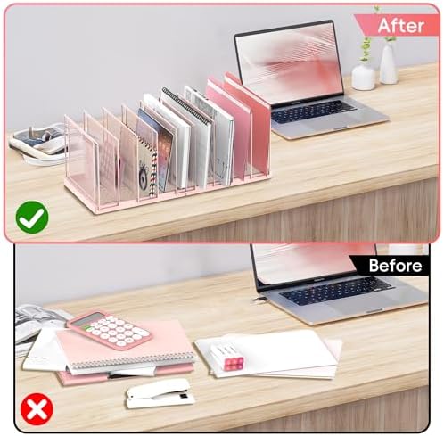 9-Section Desk File Organizer, Vertical File Holder, Mesh Desktop File Folder Metal File Organizer Stand for Office Home Classroom, Pink