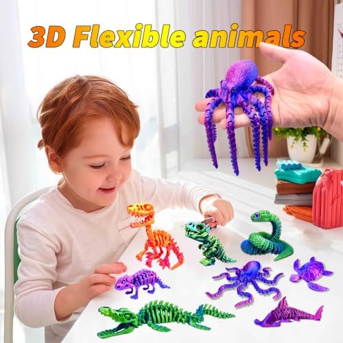 8pcs 3D Printed Dinosaur Skeletons,Octopus,Snake Flexible，Articulated T-Rex Fidget Toys,Large,3D Printed Animals,Desk Toy，Easter Eggs Basket Stuffers,Toys for Boys Kids Teen Girl 4-6 8-12