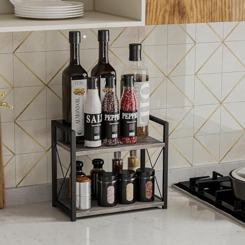Giikin Countertop Shelf Organizer, 2 Tier Kitchen Spice Rack for Countertop, Wood Kitchen Counter Shelf for Home, Coffee Station Organizer (Grey,S)