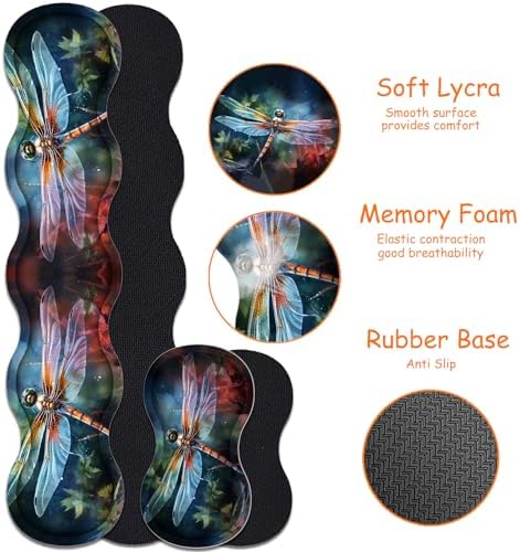 4 in 1 Mouse Pad Combo, Large Gaming Mouse Pad + Keyboard Wrist Support + Mouse Wrist Rest + Coaster, Table Pad with Stitched Edge Ergonomic Wrist Pad Set, Art Dragonfly