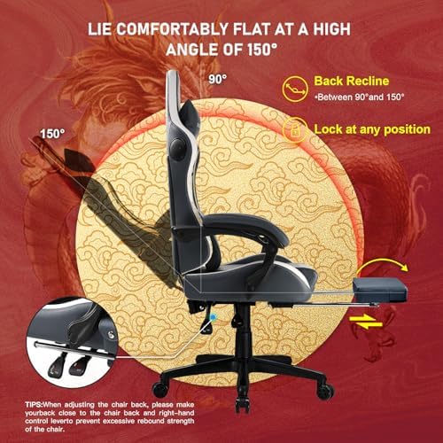 GTPLAYER Gaming Chair with Bluetooth Speakers and Footrest, Dragon Series Video Game Chair, Heavy Duty, Ergonomic, Esports Computer Office Chair, (BLUEGRAY)