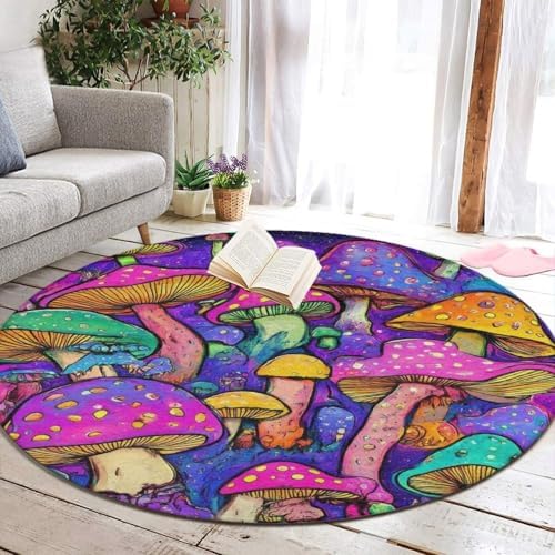 Machine Washable Modern Round Area Rug, Room Sofa Yoga Soft Round Carpet, Home Decor Non Slip Kitchen Office Circle Rug Trippy Colorful Mushrooms Magic Art, 60inch