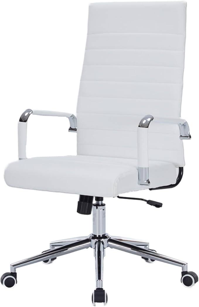 White Leather Ribbed Office Desk Chair, Ergonomic High-Back Executive Conference Room Chairs with Wheels, Adjustable Swivel Computer Task Chair with Arms and Thick Padded Seat