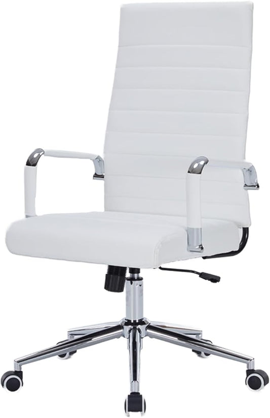 White Leather Ribbed Office Desk Chair, Ergonomic High-Back Executive Conference Room Chairs with Wheels, Adjustable Swivel Computer Task Chair with Arms and Thick Padded Seat