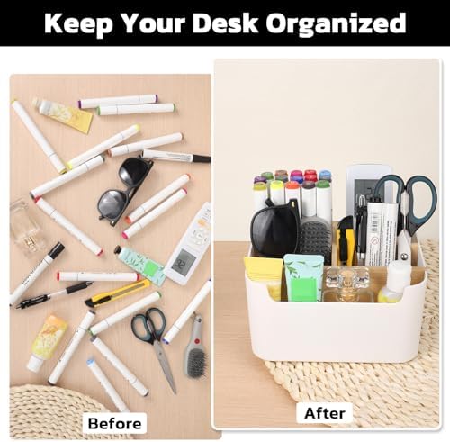 Segarty Desk Storage Box, Divided Bamboo Desktop Organizer, Pencil Holder, Detachable Pen Holder, Remote Control Holder, Cell Phone Box, Modern Wooden Desk Side Organizer for Office Home Accessories