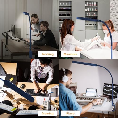 SKYLEO LED Desk Lamp - Desk Light for Home Office - Flexible Gooseneck - 5 Color Modes X 11 Brightness Levels - 1300LM - Timmer & Memory Function - 12W Clip on Light - Blue