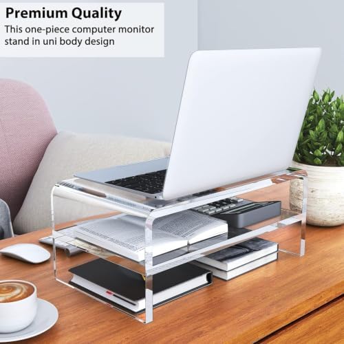 Egchi Acrylic Monitor Stand Riser, 2 Tier Clear Computer Monitor Stand for Home Office Business, PC Desk Stand Monitor Riser for Keyboard Storage, Laptop, Printer and TV Screen -12x7.2x5.12 inches