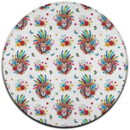 Large Home Decor Mat, Soft Round Yoga Carpet, Non Slip Machine Washable Home Office Circle Rug Colorful Lion Flowers Floral White Art, 36inch