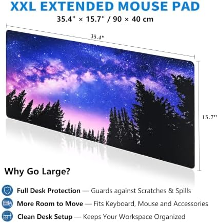 Extended Galaxy Desk Mat, XXL Large Gaming Mouse Pad, Purple Starry Sky Forest Stitched Edges Waterproof with Non-Slip Rubber Base for Computer Keyboard Laptop Work Home Office 35.4"x15.7"