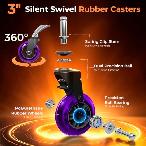 Office Chair Wheels for Casters Replacement - 3" Rubber Wheels for Computer Gaming Desk Caster Smooth & Safe Rolling for All Floors Including Hardwood and Carpet - Set of 5 - Purple