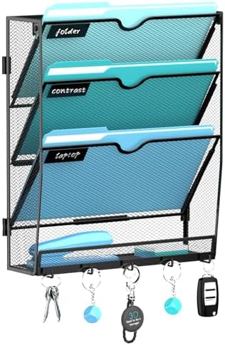 4-Tier Wall File Organizer and Mail Organizer with 5 Hooks, Black