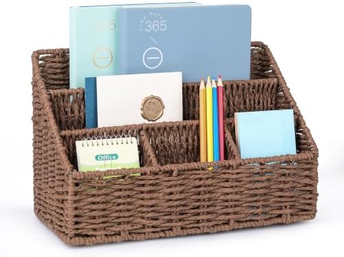 DINGTAI Rattan Desk Organizer, Tabletop Mail Holder, 5 Slot Mail Organizer Countertop Basket, Rattan Office Supplies, Boho Office Desk Accessories, Wicker Desk Organizer, Magazine Holder（Brown）