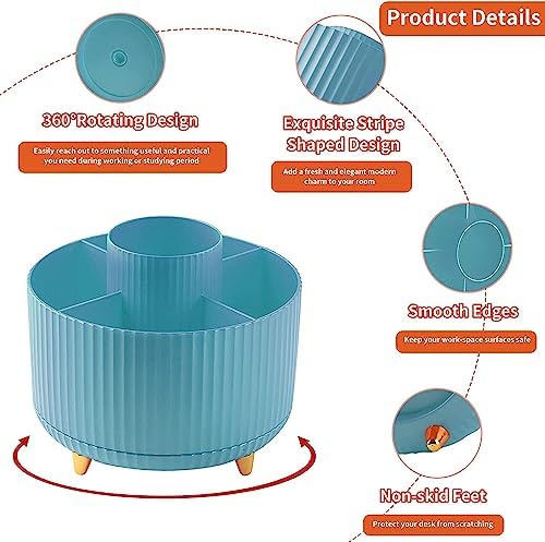 Desk Pencil Pen Holder, 5 Slots 360°Degree Rotating Organizers for, Desktop Storage Stationery Supplies Organizer, Cute Cup Pot Office, School, Home, Art Supply, Blue
