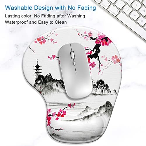 ITNRSIIET Ergonomic Mouse Pad with Gel Wrist Support Wrist Rest Smooth Surface Non-Slip PU Base Comfortable Office Supplies Pain Relief, 9.5 x 8 inches, Sakura