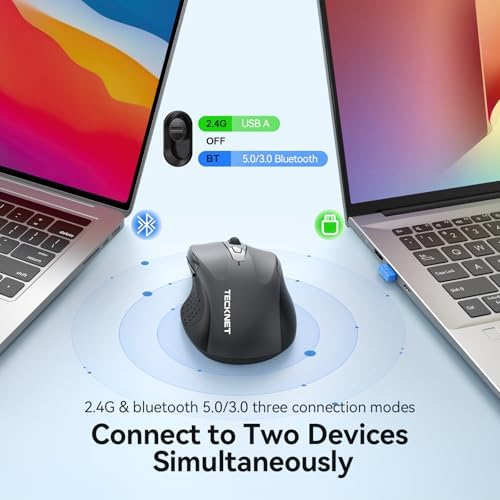 TECKNET Rechargeable Jiggler Wireless Mouse, Dual-Mode Connectivity, Grey