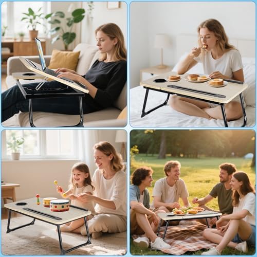 Laptop Bed Desk, Adjustable Lap Desk, Small Laptop Table with USB Charge Port, Desktop Card &Pen Slot, Cup Holder, Foldable Bed Tray Table for Couch Sofa Chair Floor Eating Working