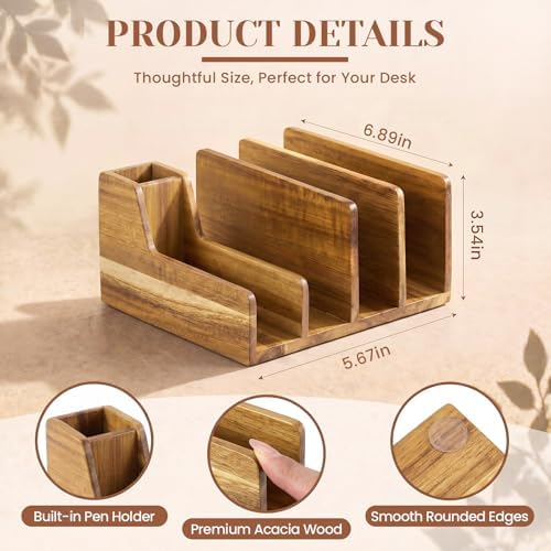 Novabright Acacia Wood Desk Organizer with Pen Holder, 5 Slot Mail Sorter
