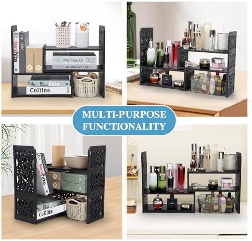 EARTHSON Desk Organizer Shelf, Expandable Bookshelf for Desk, Small Desktop Bookshelf, Mini Cute Adjustable Office Desk Shelves, Black