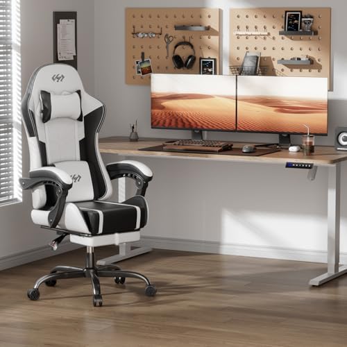 HLDIRECT High Back Gaming Chair, USB Massage Lumbar Support, Black&White