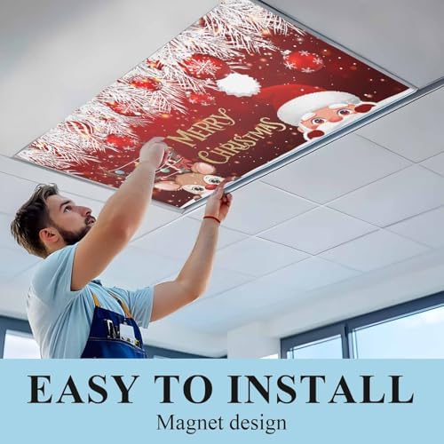 Santa Claus Red Magnetic Fluorescent Light Covers for Ceiling Lights 2 x 4 Feet,Christmas Cute Deer Pine Tree Ball Office Classroom Kitchen Drop Ceiling Light Covers Filters Shade Panel 4 Packs