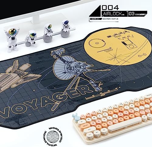 BelugaDesign Space Desk Pad | Voyager Spaceship Moon Galaxy Science SciFi Nerdy Mouse Pad | Large Gray Gold Keyboard Laptop Gaming Mousepad | Machine Washable Non-Slip Desk Blotter Protector Mat