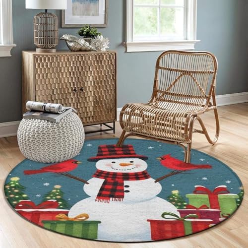 Soft Round Yoga Carpet, Office Chair Decor Round Mat for Carpet and Hardwood Floors Red Green Buffalo Plaid Snowflake Snowman Christmas