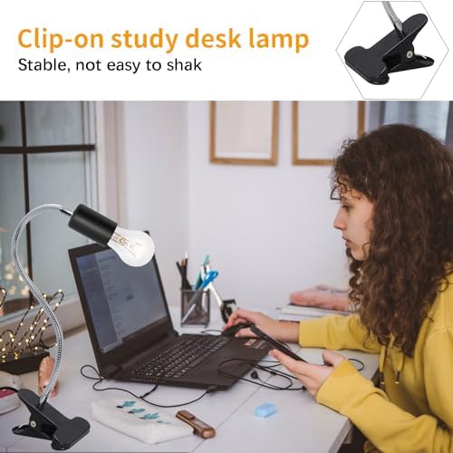 Clip Desk Lamp Socket 2 Pack Flexible Gooseneck Lamp Stand Clip-On with Switch Plugs Clip on Light with Flexible Neck Portable Clip on Light Metal Clip Holder Desk Study Clamp Lamp