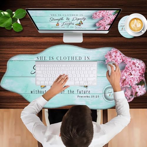 Mouse Pad with Wrist Support + Desk Mat + Coaster 3 in 1 Set, XXL Large Gaming Mousepad Ergonomic Mouse Pads for Desk Computer Laptop Office,Pink Hyacinth Bible Verse Proverbs 31-25