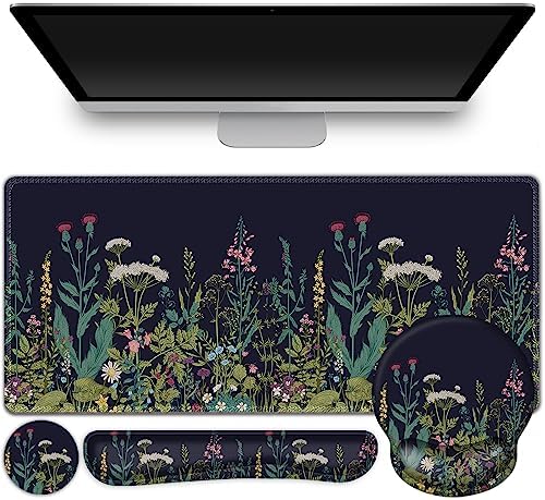 ToLuLu Desk Mat, XXL Large Mouse Pad Wrist Support Set，4 in1 Gaming Mousepad Desk Pad+ Ergonomic Mouse Pad with Wrist Rest + Keyboard Wrist Rest+Coaster for Home Office Computer Table, Weeds Plants