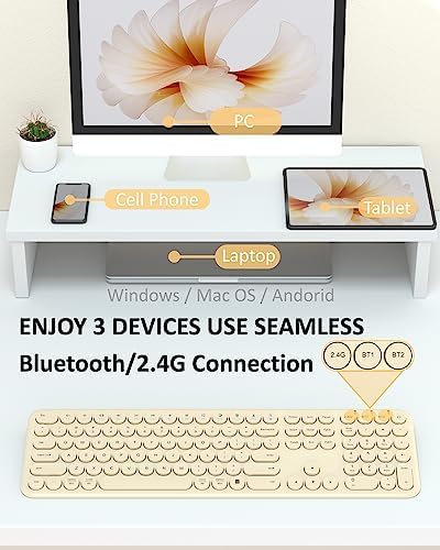 Quiet Wireless Keyboard, Round Keycaps, Low Profile Slim Design (Khaki)