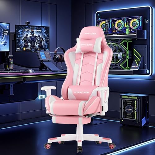 GTPLAYER Gaming Chair,Gamer Chair with Bluetooth and Adjustable Backrest,Seat Height Adjustable Computer Chairs with 3D Armrests,Video Game Chair with Footrest Speakers (Pink)